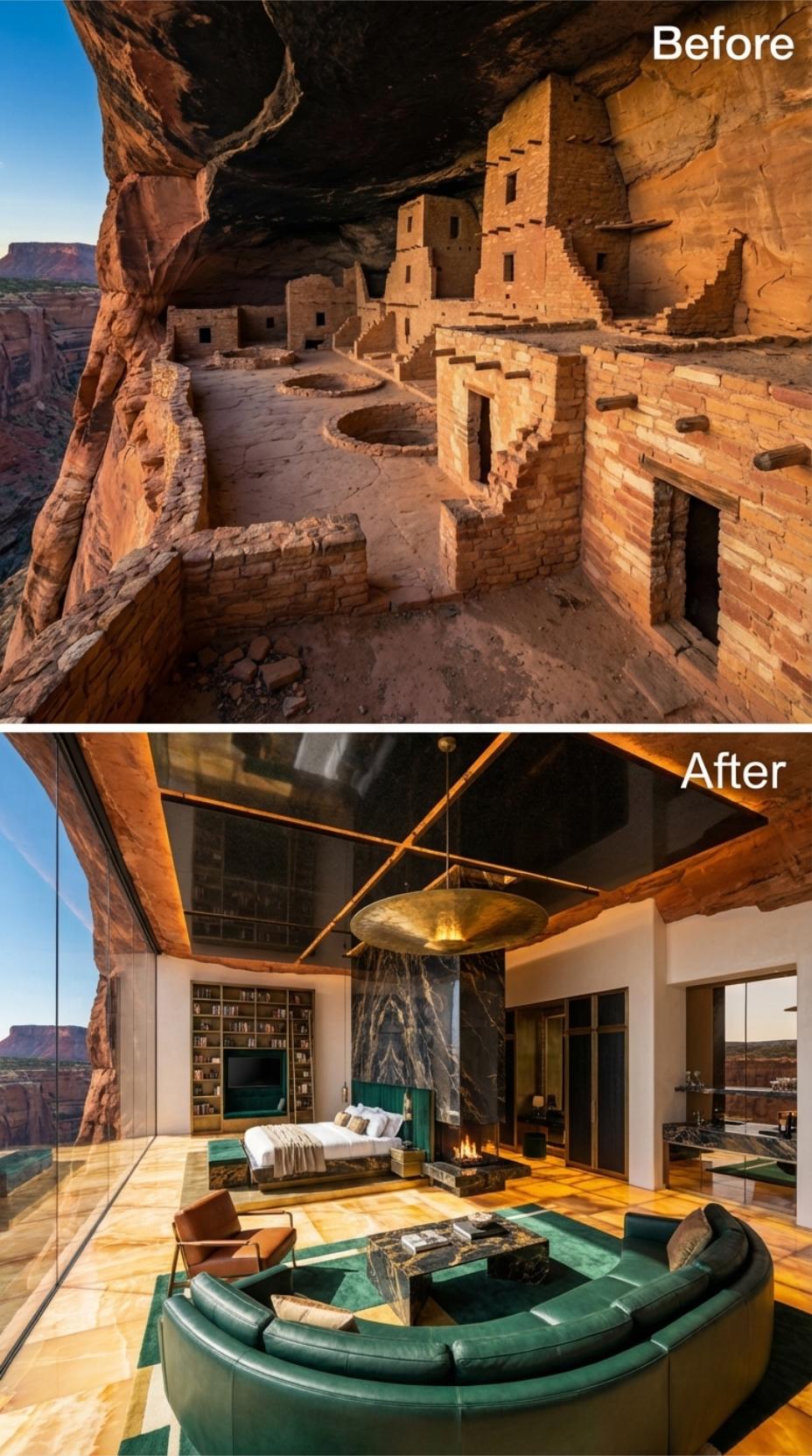 Curved Emerald Leather, Bookmatched Marble, and a Cave Ceiling Sealed in Black Lacquer