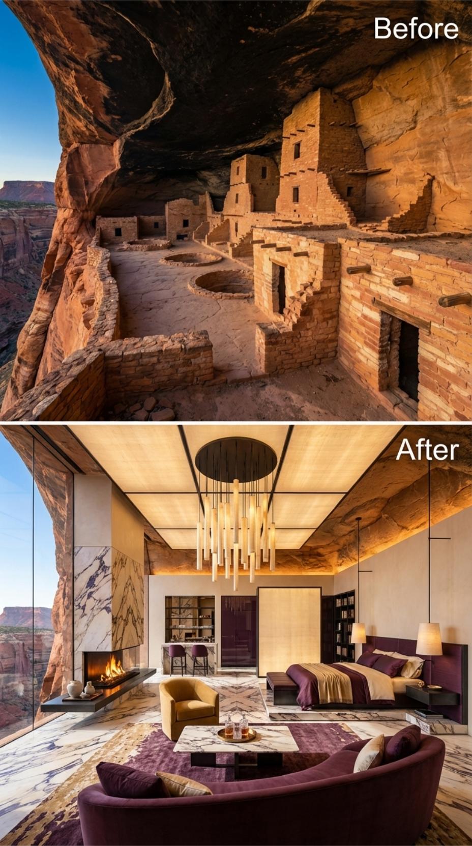 Marble Floors, Purple Velvet, and a Pendant Cluster Floating Inside Canyon Rock