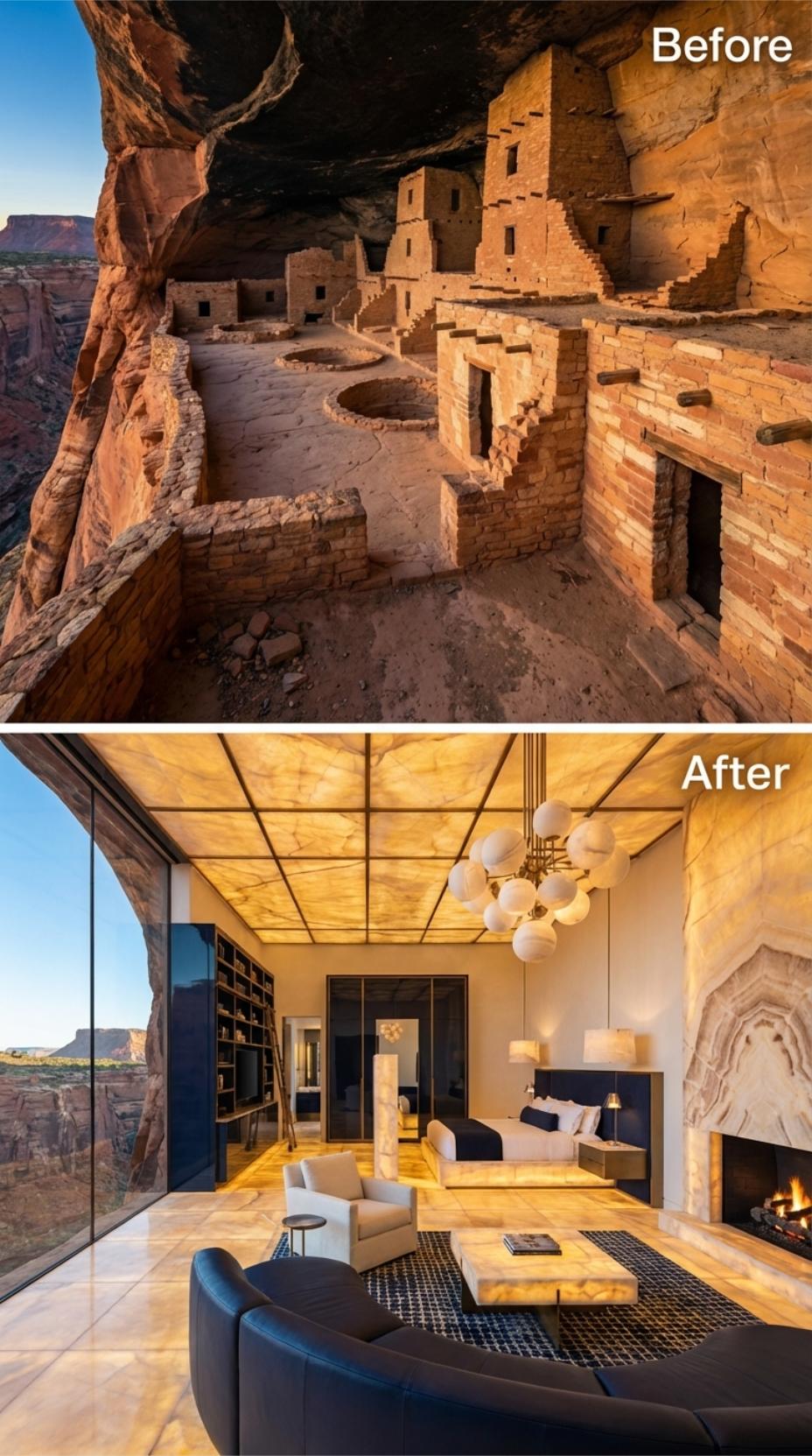 Illuminated Onyx Grid, Floor-to-Ceiling Canyon Glass, and a Fireplace Carved From Desert Stone