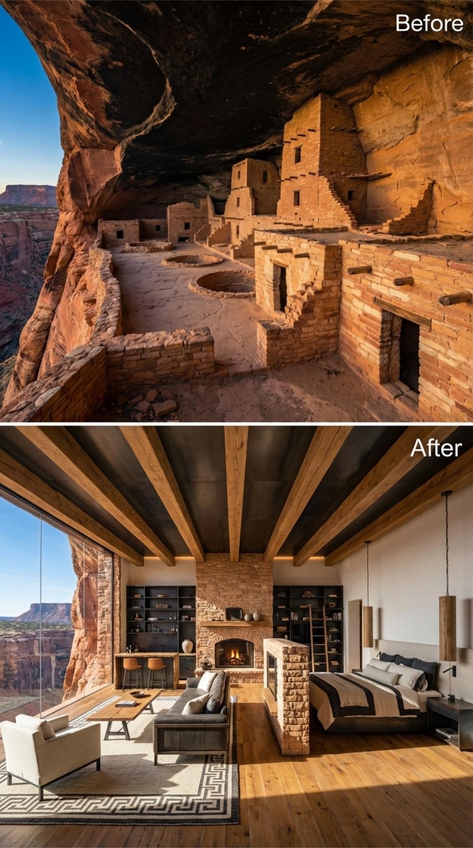 Exposed Beam Ceiling, Stone Fireplace Surround, and Hardwood Floors Inside Canyon Rock