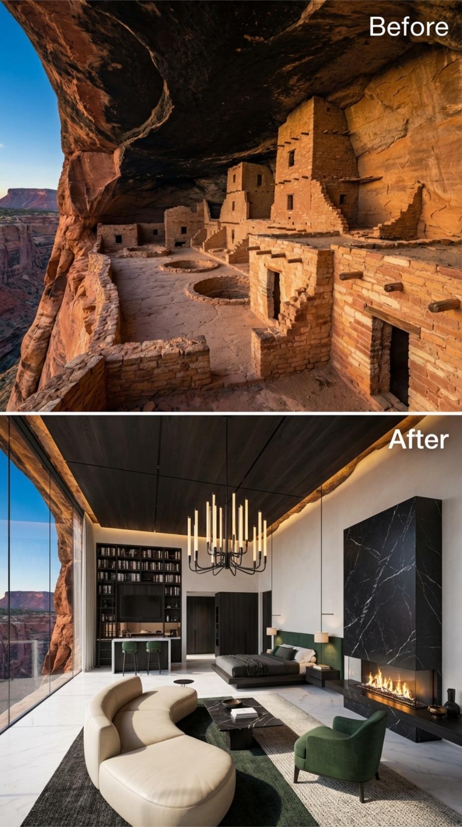 Black Marquina Marble, Curved Cream Leather, and a Cave Ceiling Sealed Over Canyon Glass