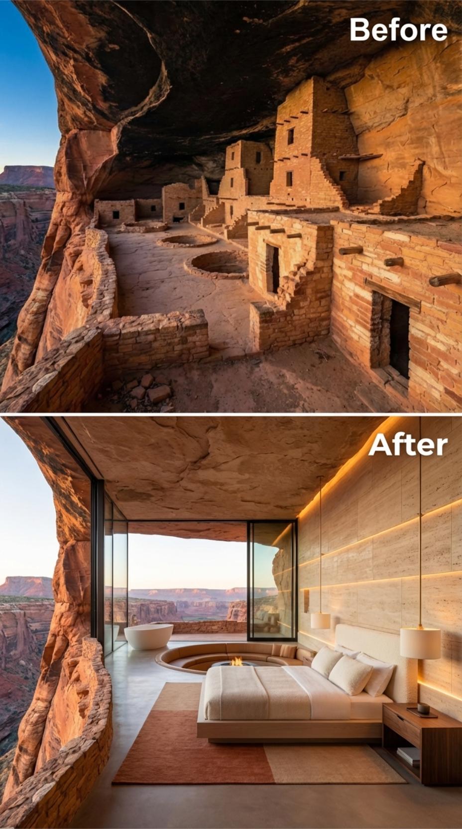 Sandstone Cave Ceiling, Recessed Fire Pit, and a Glass Wall Framing Canyon Depth