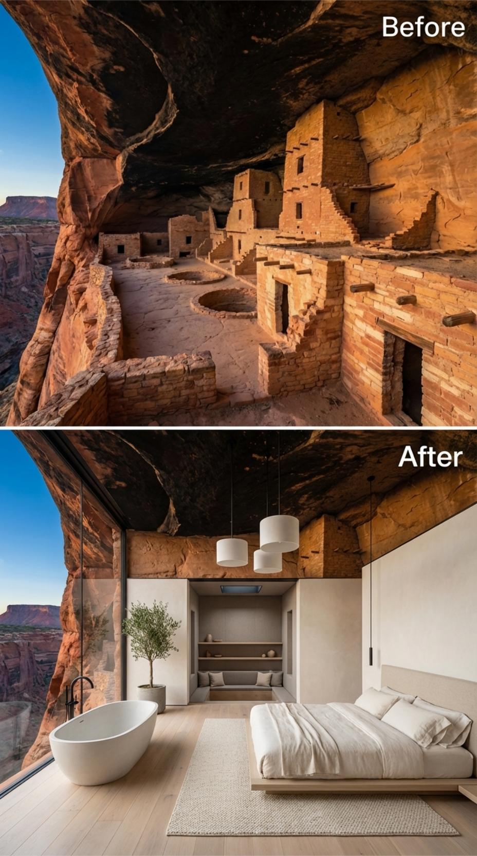Linen Bedding, Freestanding Stone Tub, and Pendant Cylinders Hung From Raw Cave Rock
