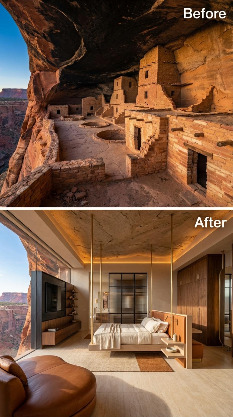 Suspended Brass Bed Frame, Cognac Leather Seating, and a Cave Ceiling Left Completely Intact