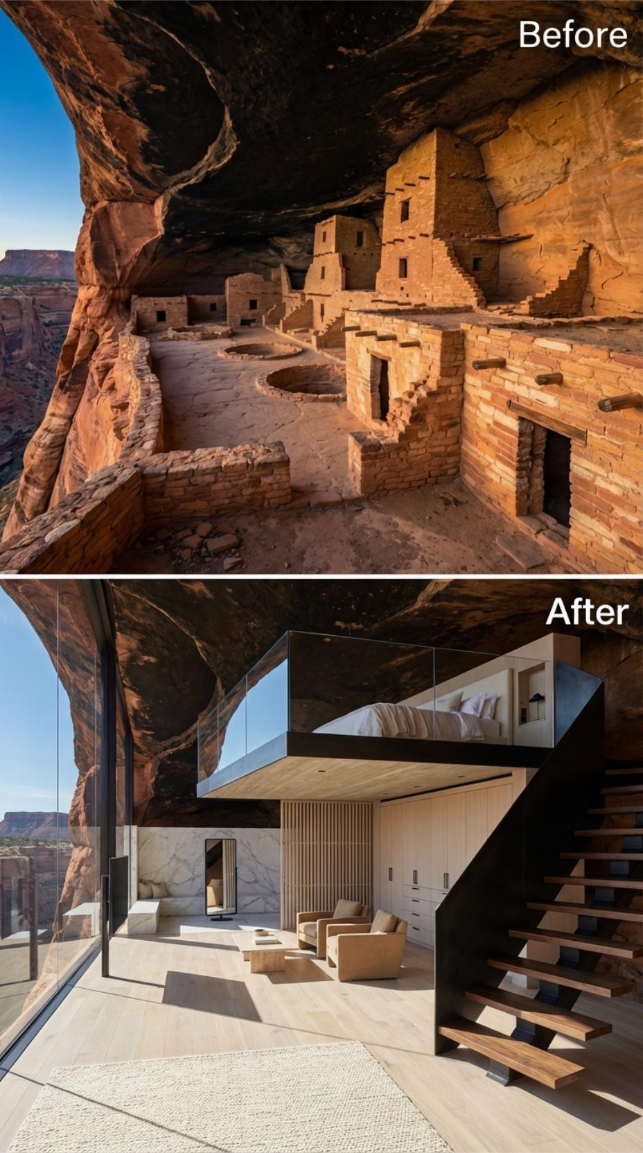 Floating Stair, Cave Rock Ceiling, and Glass Panels Anchored Into Canyon Stone