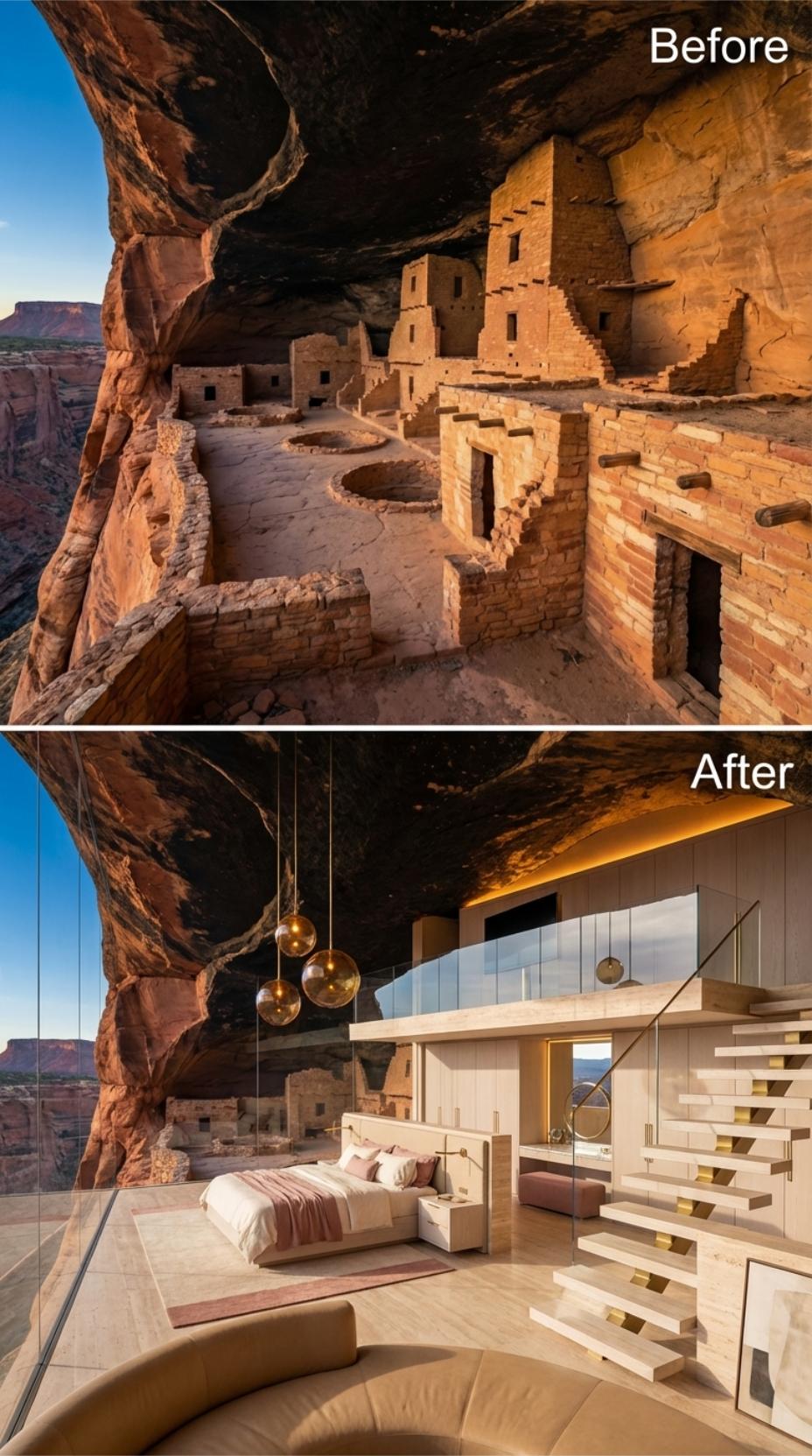 Suspended Brass Globes, Floating Stairs, Raw Rock: One Cave Holds All of It