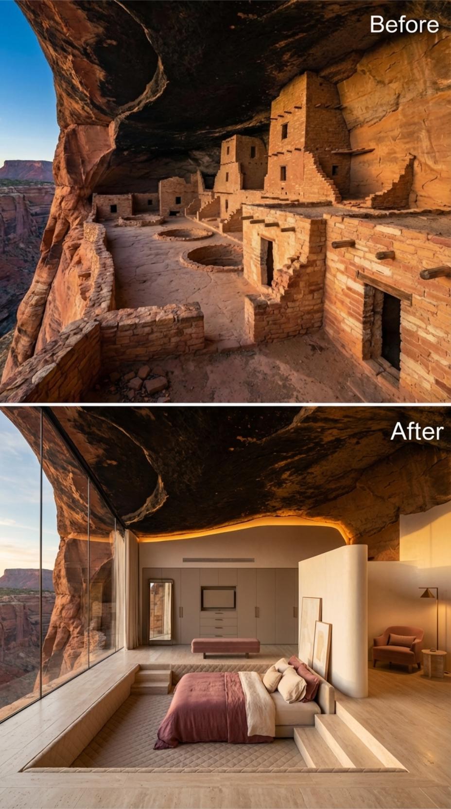 Sunken Bed Platform, Floor-to-Ceiling Canyon Glass, and Cove Lighting Edged in Natural Rock