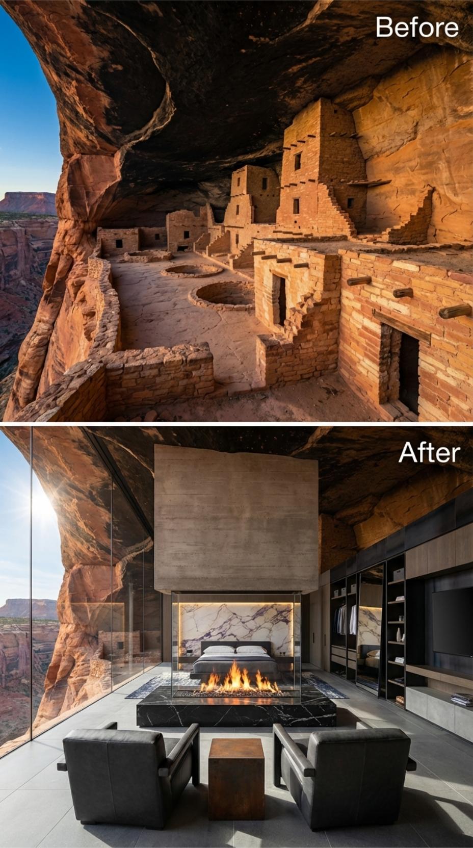 Black Marble Fire Platform, Floor-to-Canyon Glass, and Open Shelving Cut Into Cave Rock