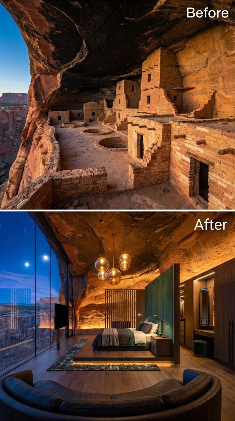 Slatted Oak Headboard, Globe Pendant Trio, and Canyon Glass Sealed Into Cave Rock