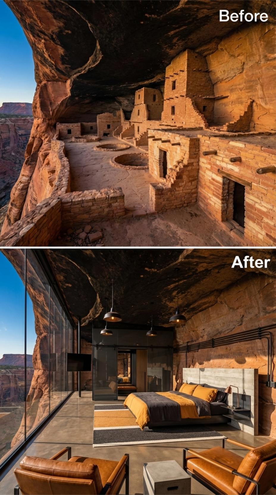 Cognac Leather Armchairs, Polished Concrete Floors, and Canyon Glass Sealed Into Cave Rock