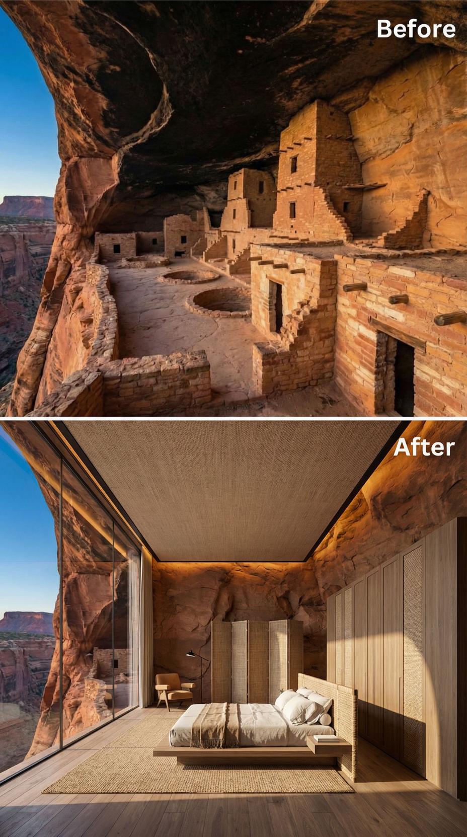 Woven Fabric Ceiling, Canyon Glass Wall, and Bleached Oak Millwork Set Into Cave Rock