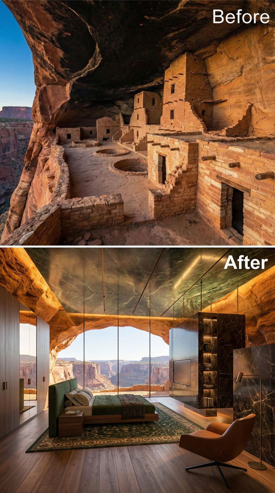 Emerald Velvet Bed Platform, Marble-Clad Shelving Tower, and Glass Sealed Into Cave Rock
