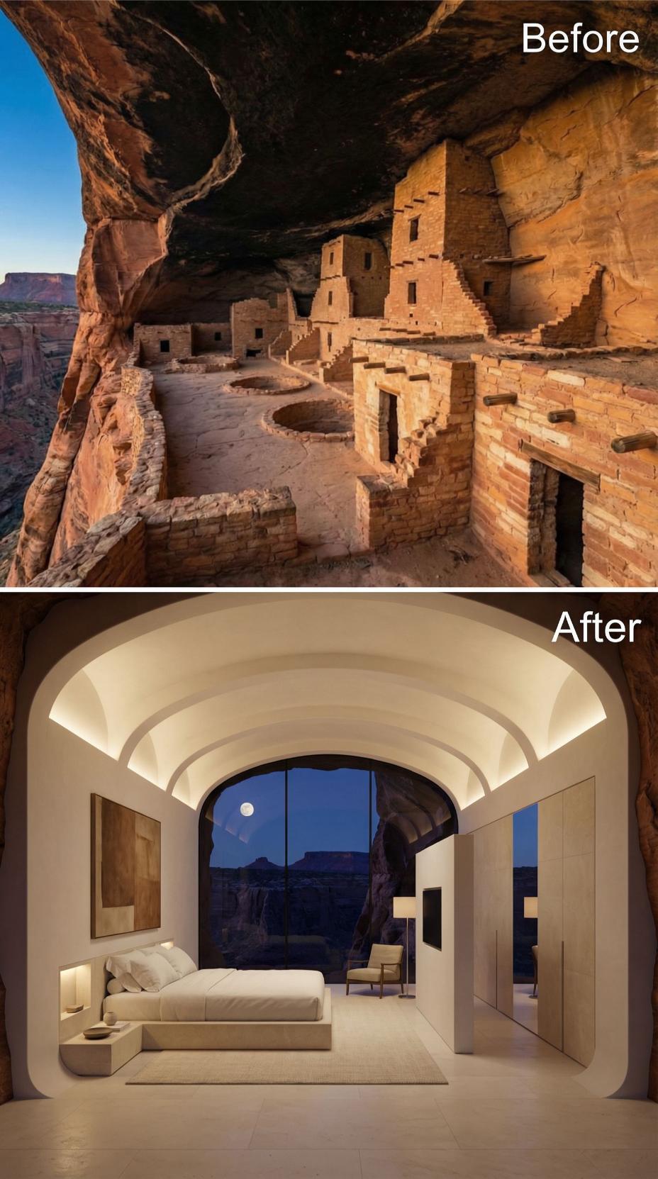 Barrel-Vaulted White Plaster Ceiling, Cream Linen Bed, and Floor-to-Canyon Glass
