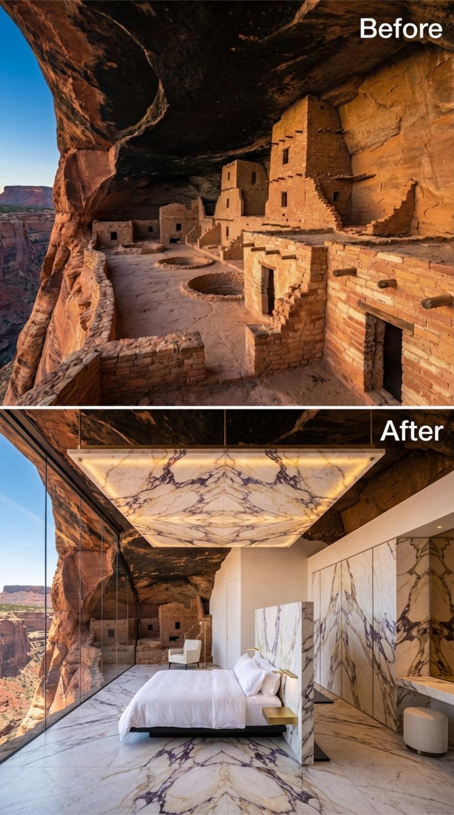 Marble Slabs, Canyon Glass, and a Bed Suspended in Ancient Air