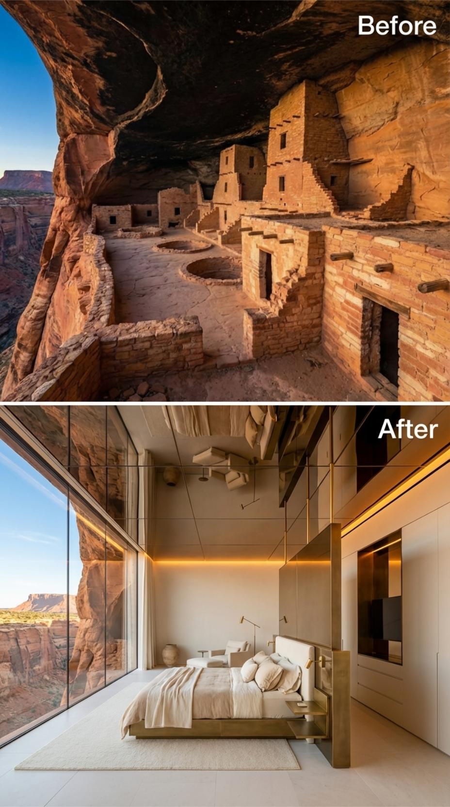 Gold-Lit Walls, Glass Canyon Edge, and Linen Piled Three Pillows Deep