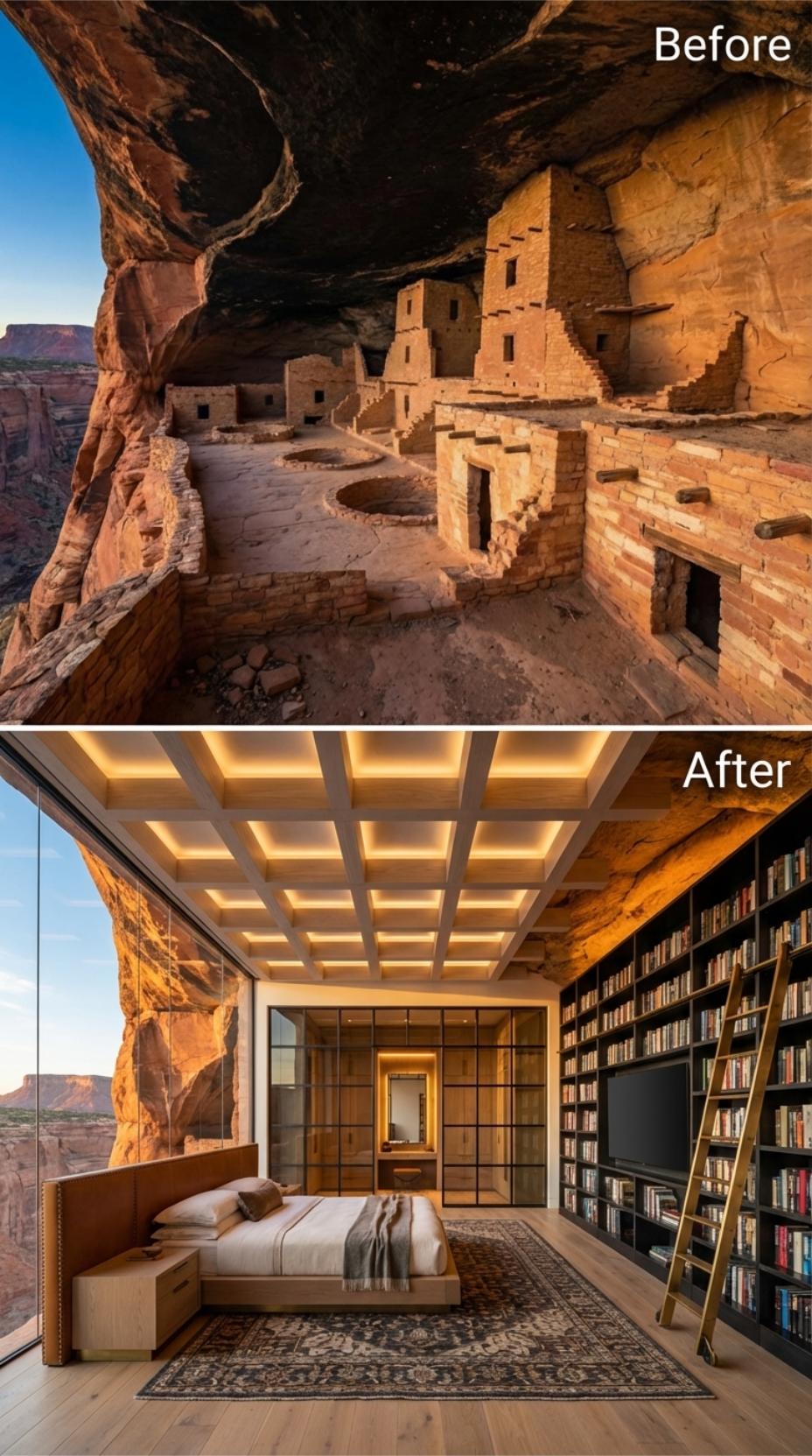 Coffered Ceiling, Canyon Glass, and Shelves Built Floor to Ceiling in Dark Oak