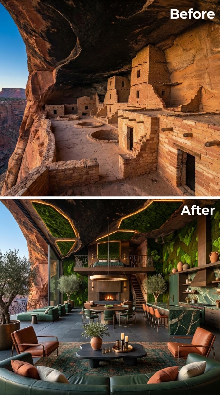 Moss Panels Turn a Dark Rock Chamber Into a Green Interior