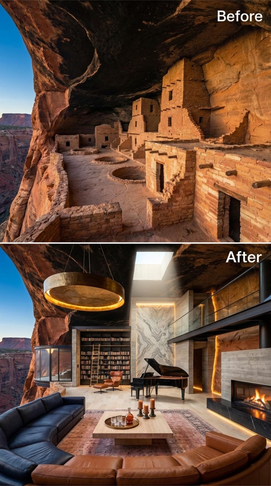 A Grand Piano Gives the Double-Height Cave a Formal Center