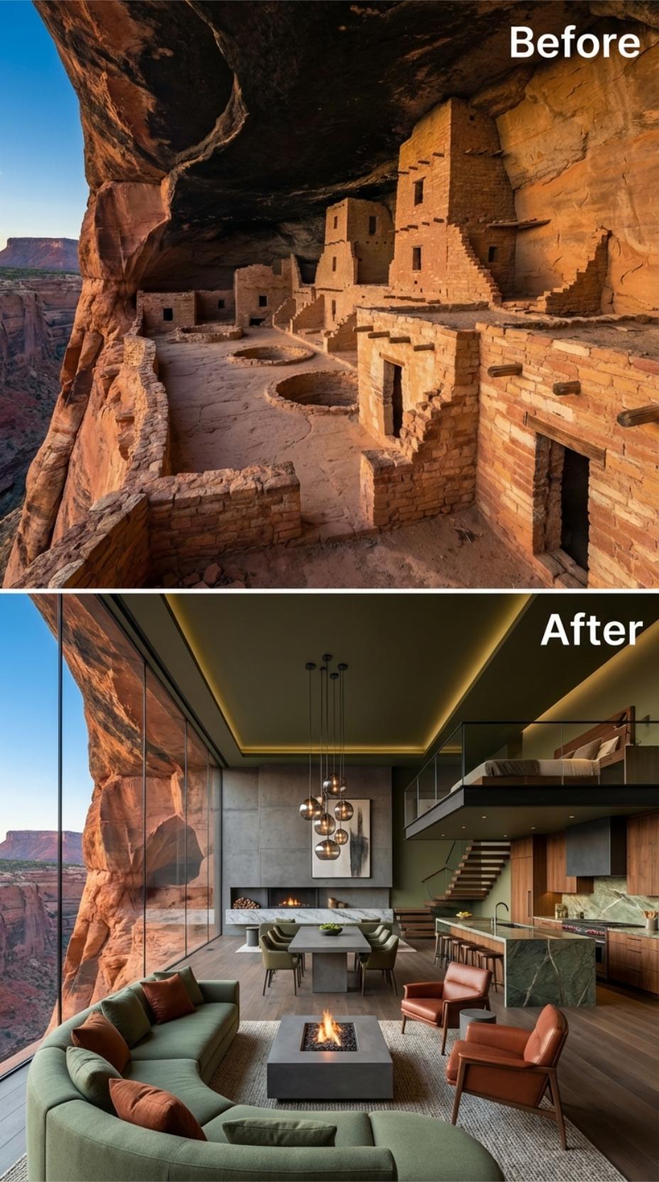 Sage Upholstery and Timber Stairs Soften the Red Stone