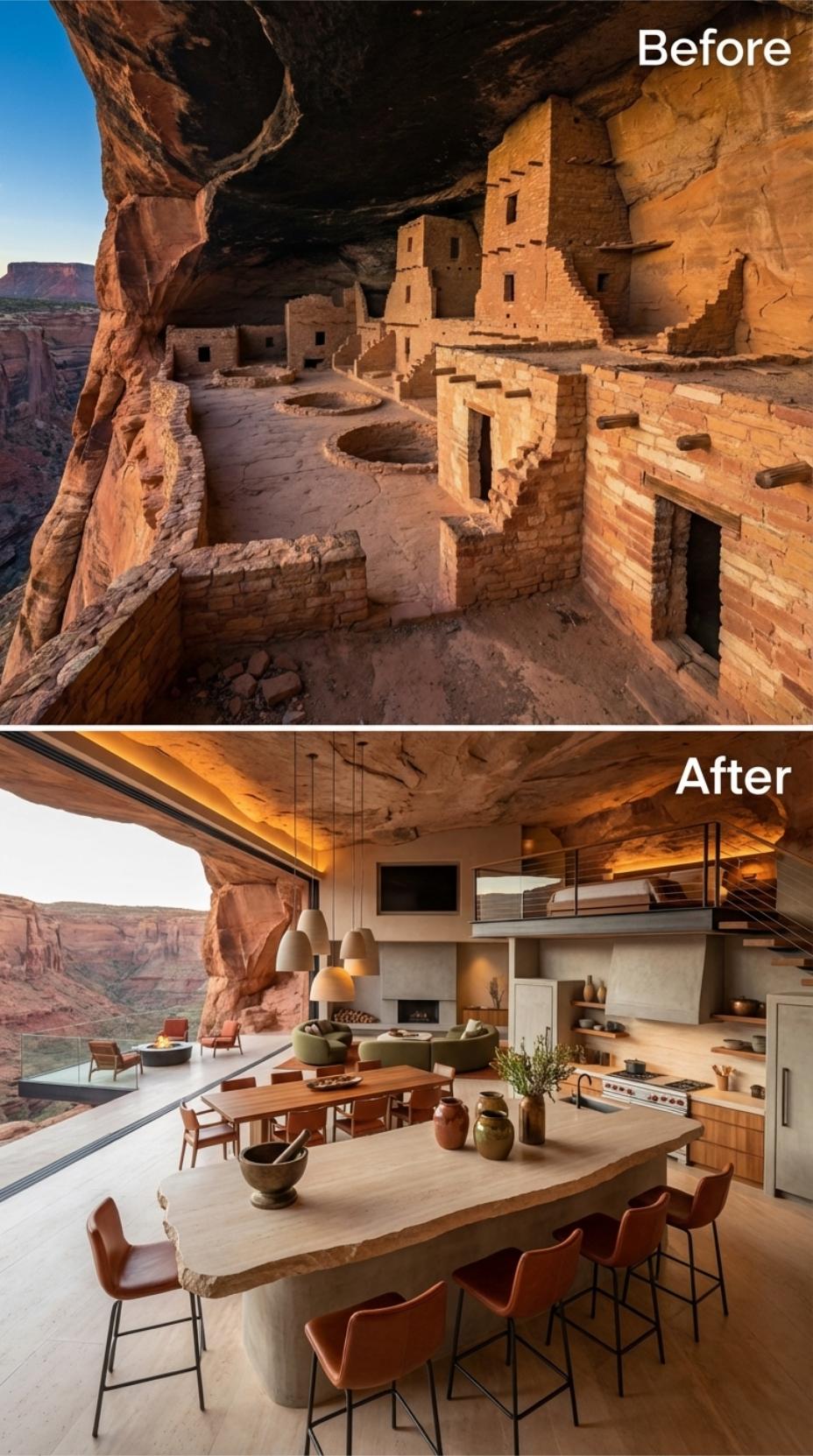 A Live-Edge Travertine Island Echoes the Ceiling Above