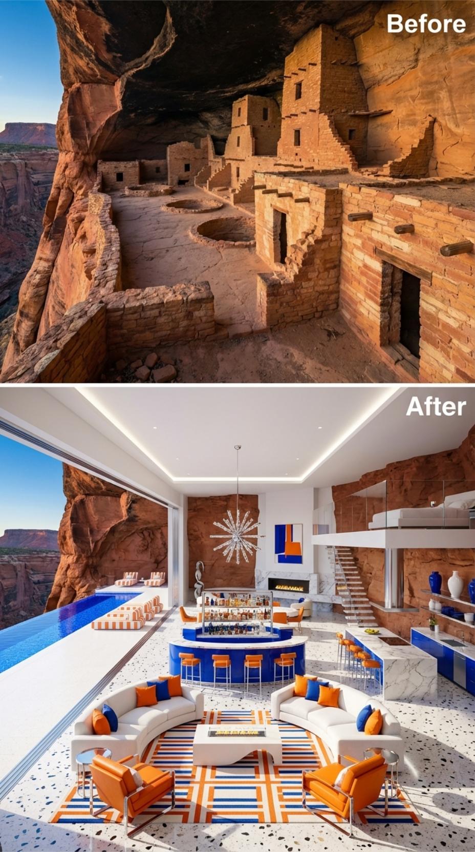 A Circular Cobalt Bar Takes Over the Sandstone Alcove