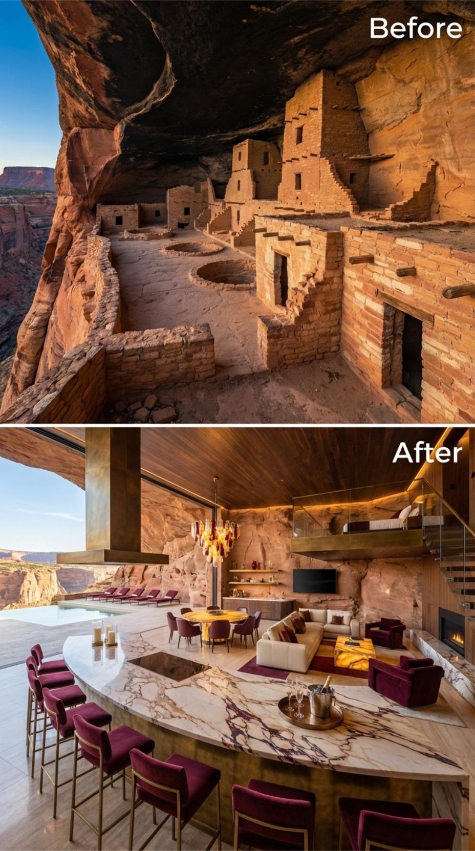 A Burgundy Bar Curves Around the Canyon-Facing Lounge