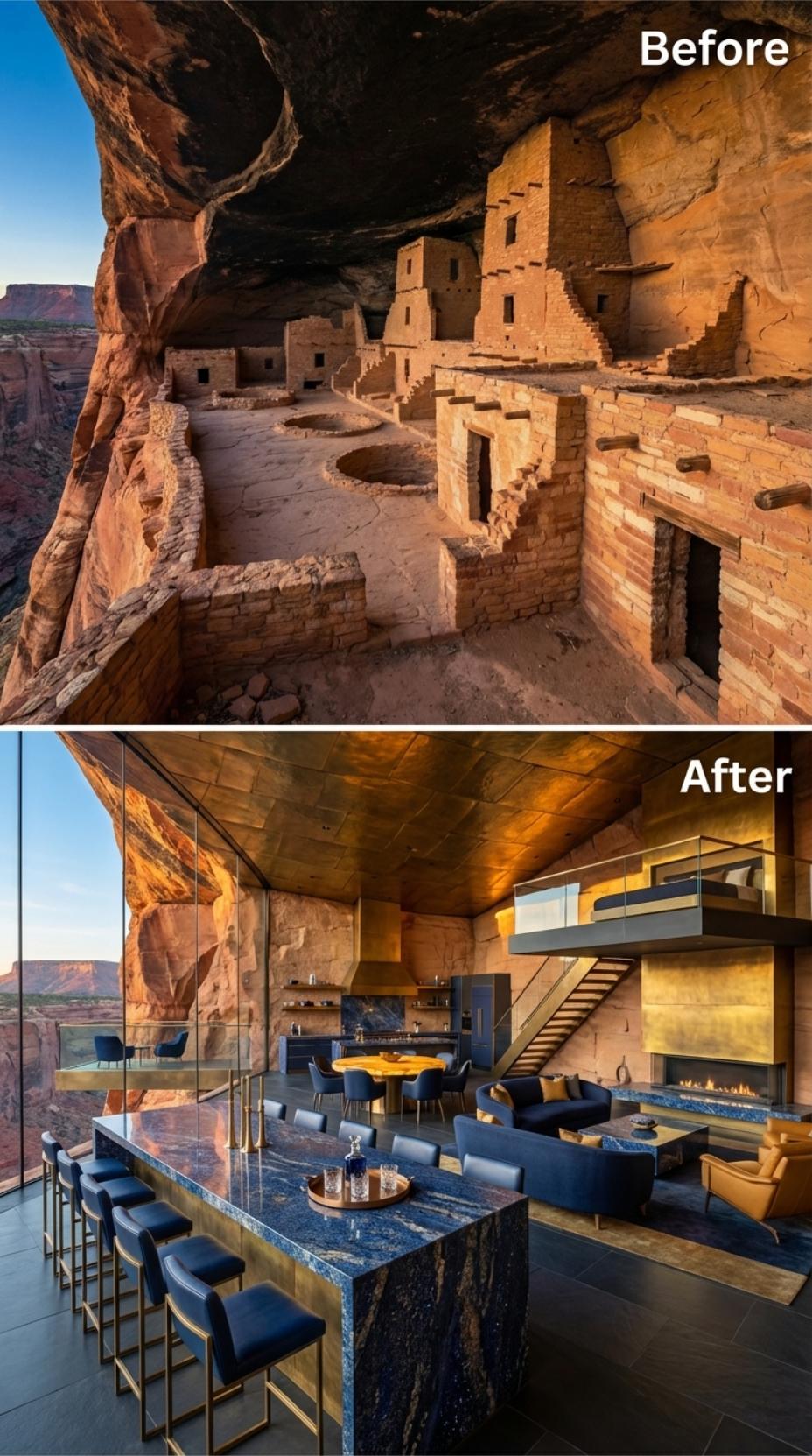Deep-Blue Stone Gives the Lofted Bar a Dramatic Center