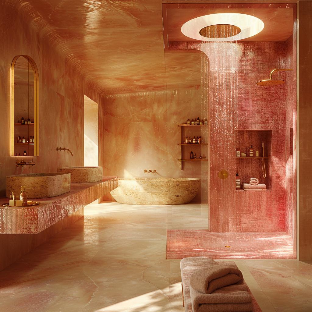 Coral Plaster Walls, a Rain Column, and Stone Basins Doing the Work