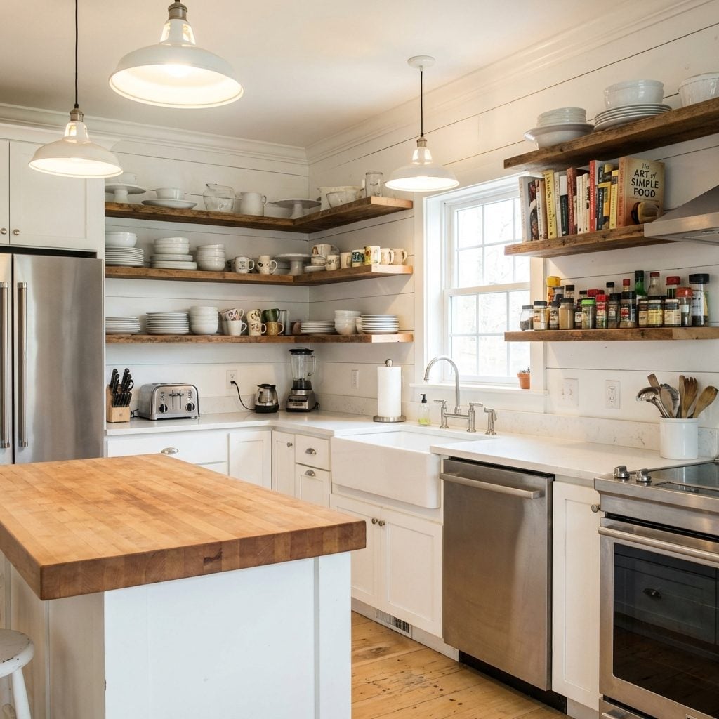 The White Farmhouse Kitchen Where Open Shelves Swallowed the Whole Wall