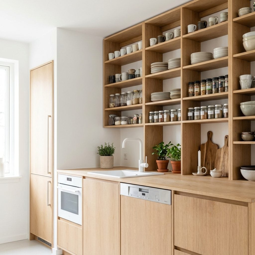 Light Oak Scandi Kitchen Derailed by the One Wall of Open Shelving That Holds Everything