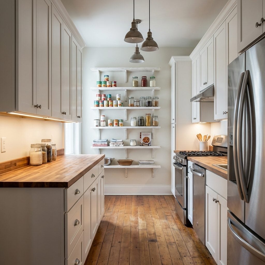 Classic White and Wood Galley Kitchen Where the Open Shelves Narrowed an Already Tight Space