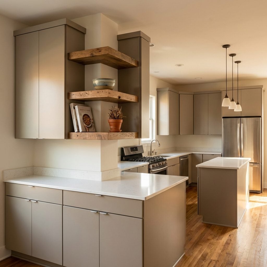 Warm Greige Cabinets With Open Corner Shelves That Just Gather Dust