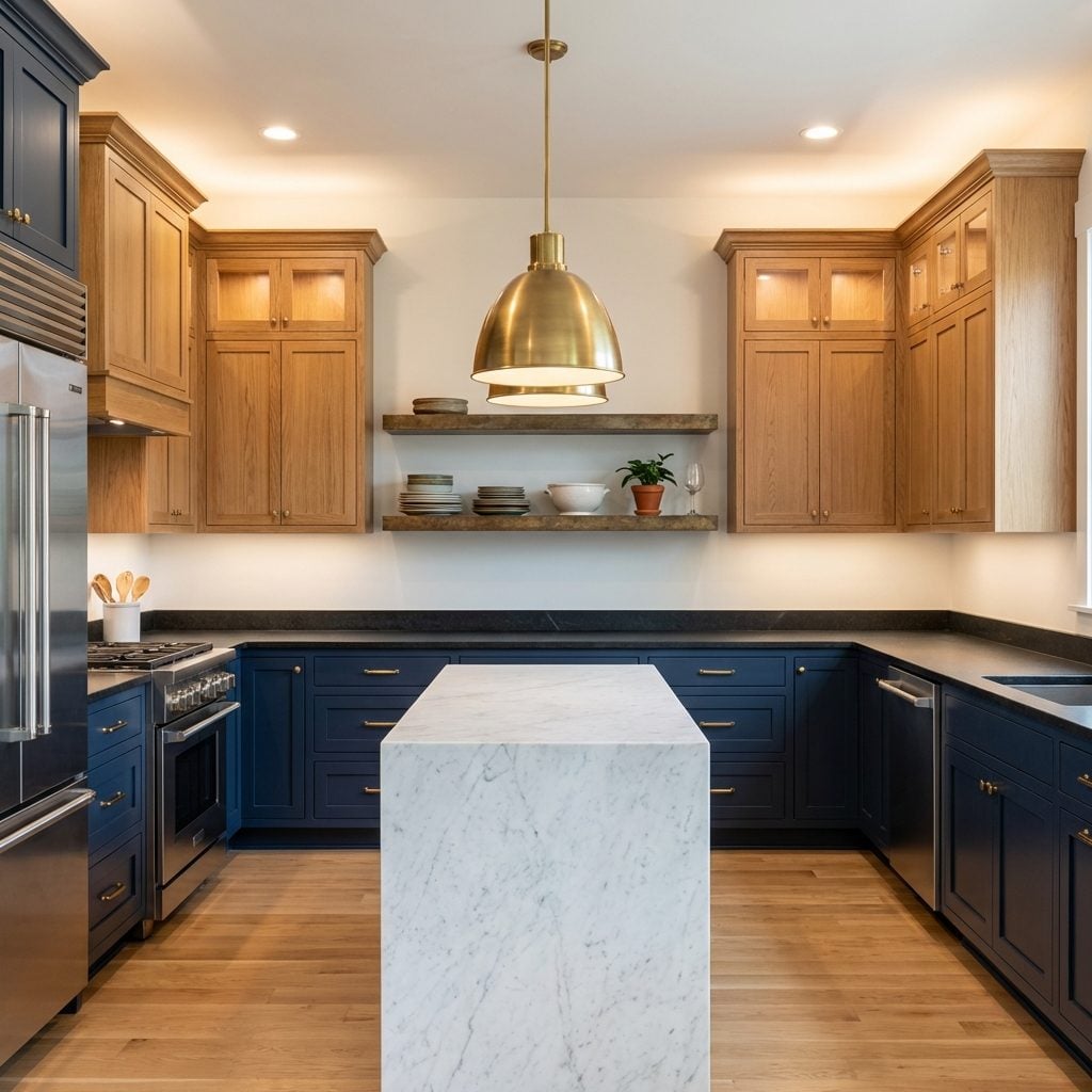 Two-Tone Navy and Wood Kitchen Where the Open Shelf Breaks the Color Story