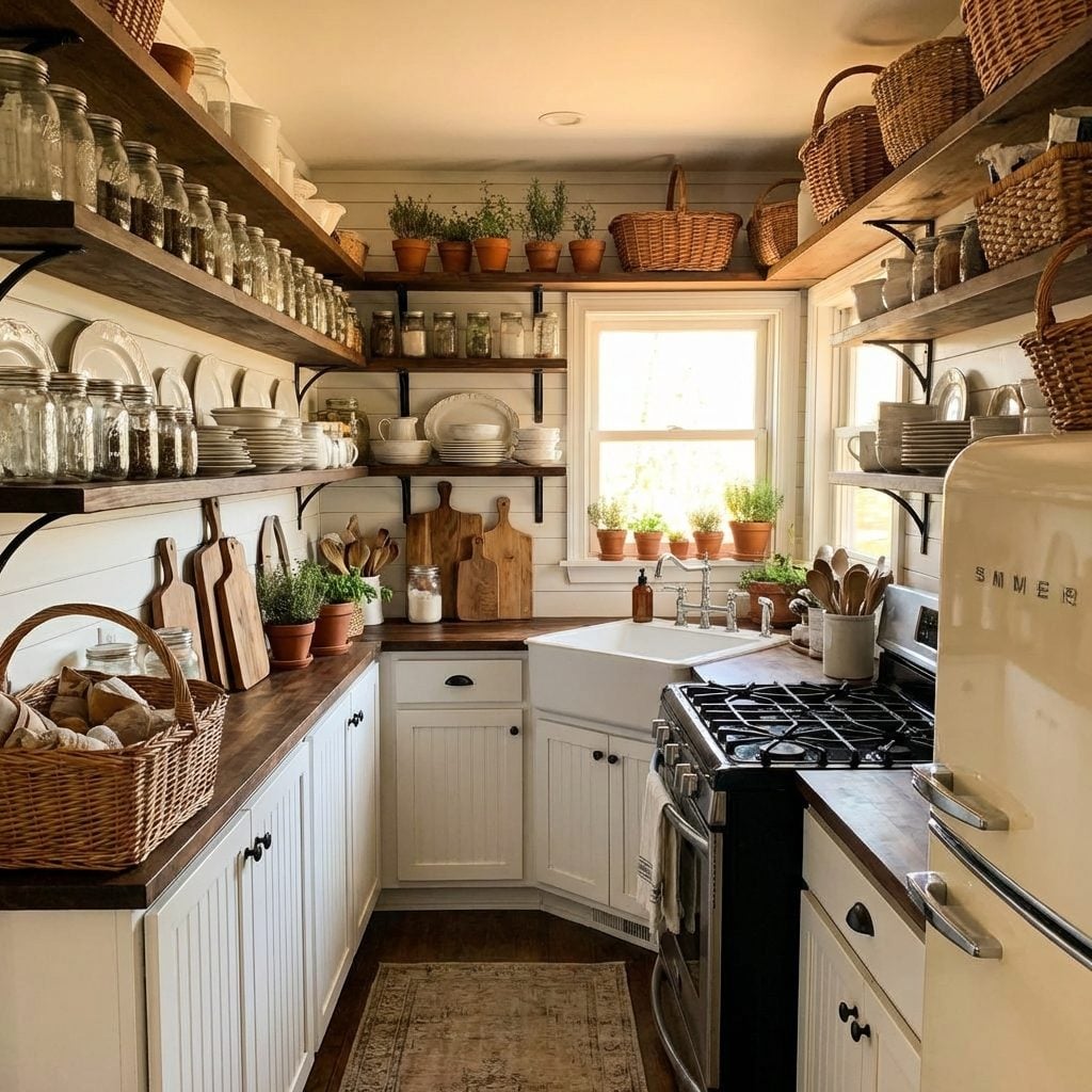 Farmhouse Kitchen With Open Shelves That Make the Whole Room Feel Smaller