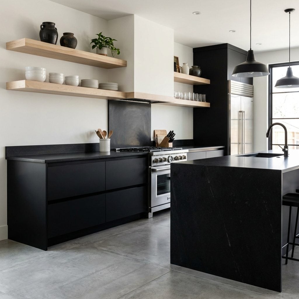 Sleek Black Kitchen Where Open Shelves Undercut the Whole Drama