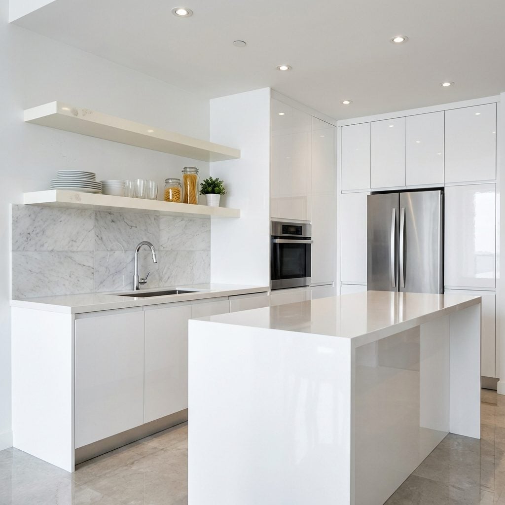 Open Shelves in a High-Gloss White Kitchen That Show Every Fingerprint and Gap