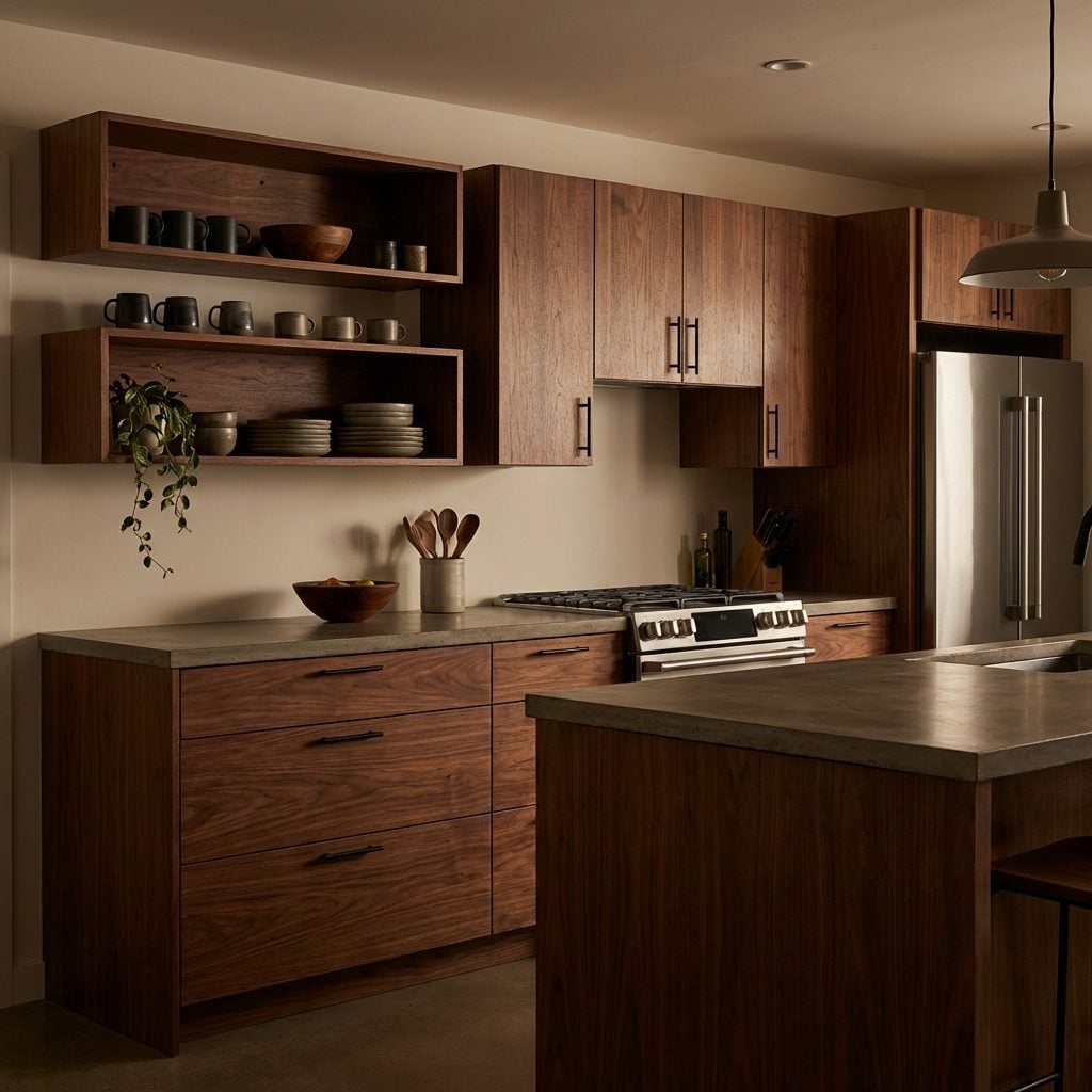 Warm Walnut Kitchen Where Open Shelving Looks More Like Forgot-to-Install Cabinets