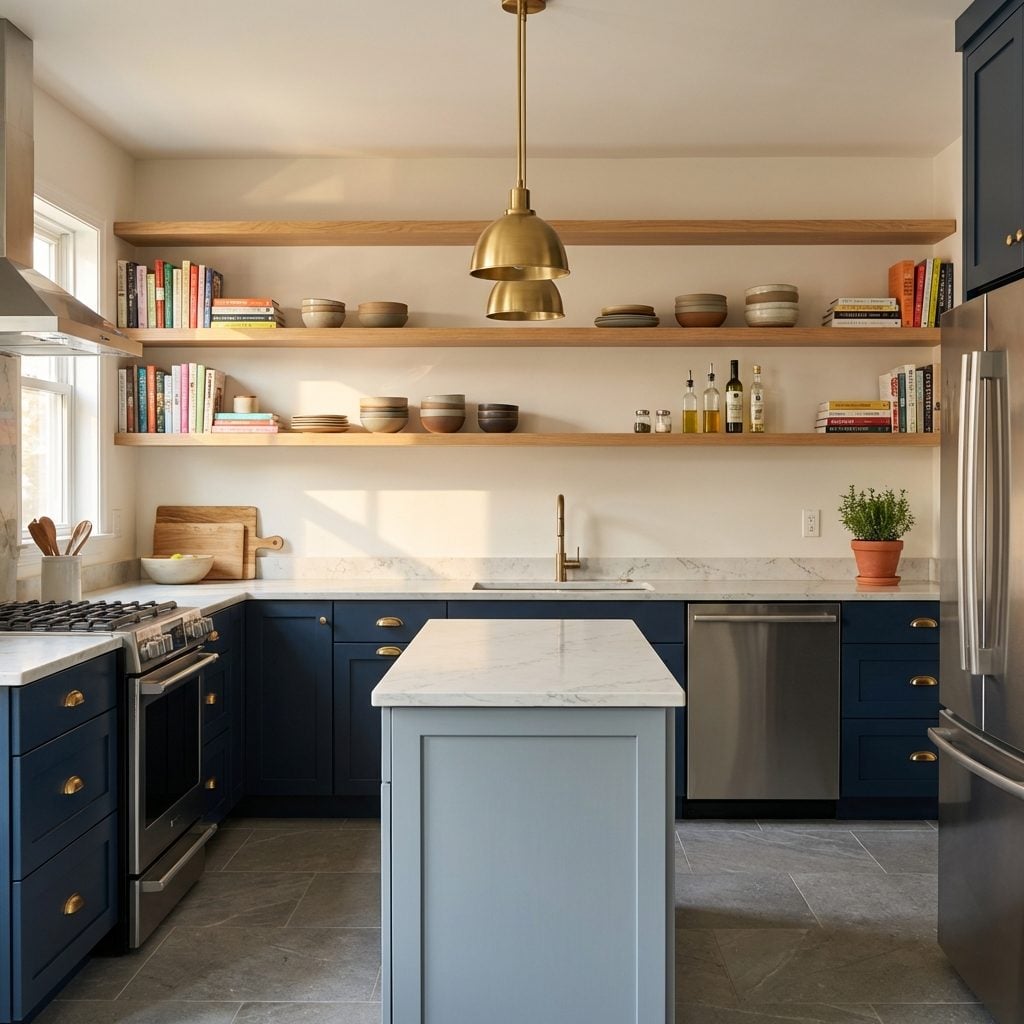 A Navy Blue Kitchen That Almost Nailed It, But the Open Shelves Broke the Spell