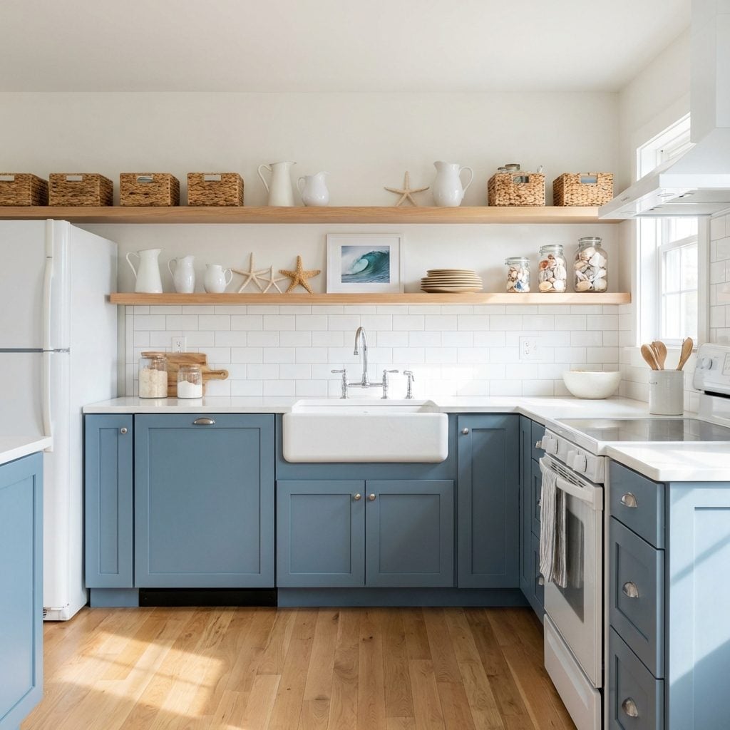 Coastal Blue Kitchen Where Open Shelves Tip It Into Gift Shop Territory
