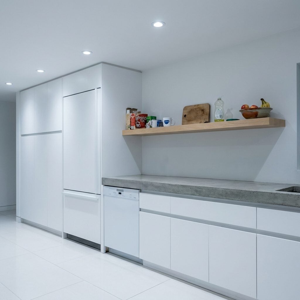 Minimalist Kitchen Where Open Shelves Are the One Thing That Ruins the Minimalism