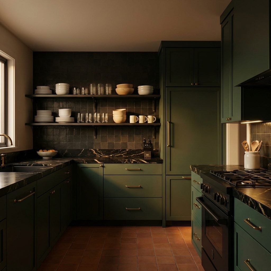 Dark Moody Kitchen Where Open Shelves Let the Light Graveyard Begin
