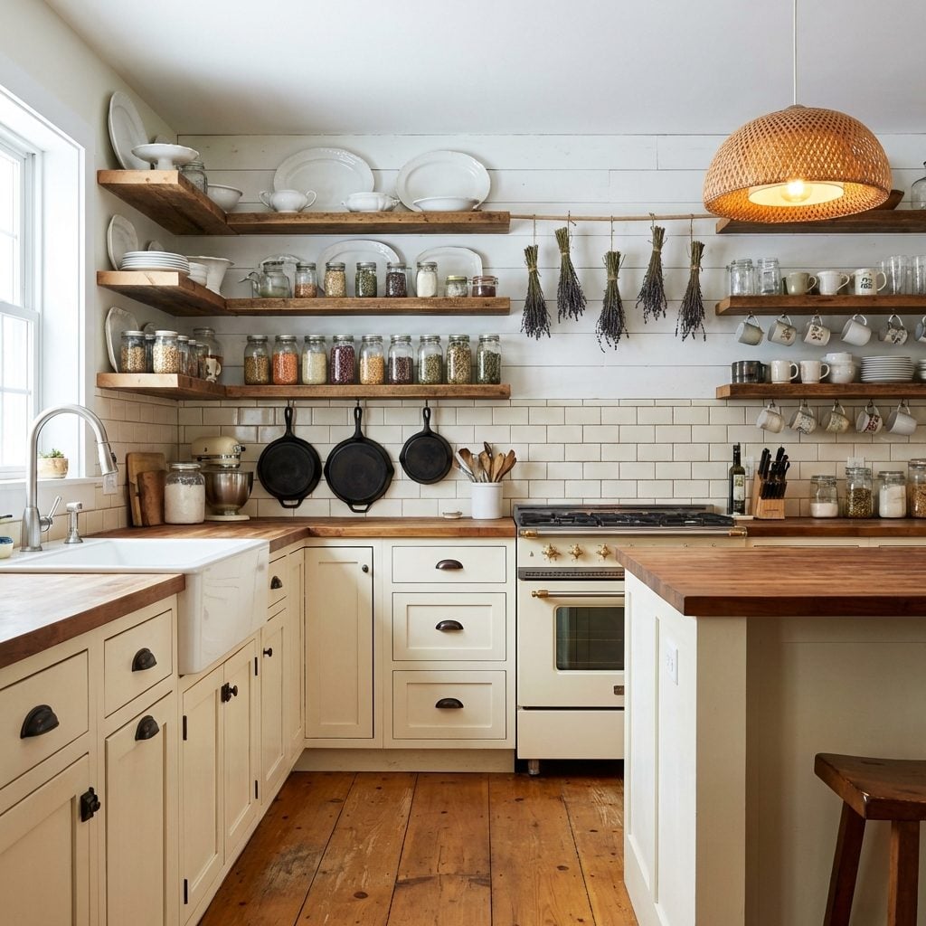 A Farmhouse Kitchen With Floating Shelves That Feel More Cluttered Than Cozy