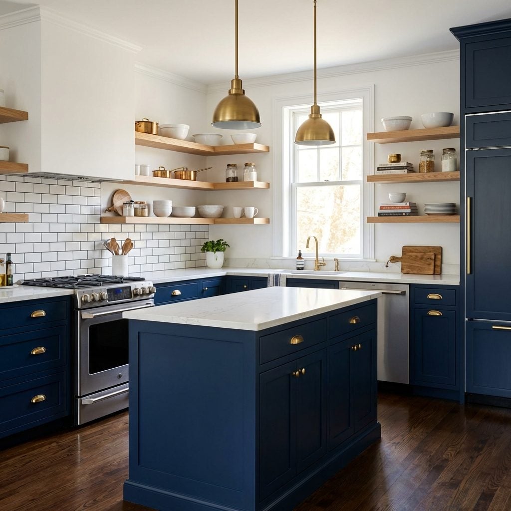 Bold Navy Cabinets Where the Open Shelving Dilutes a Strong Color Story