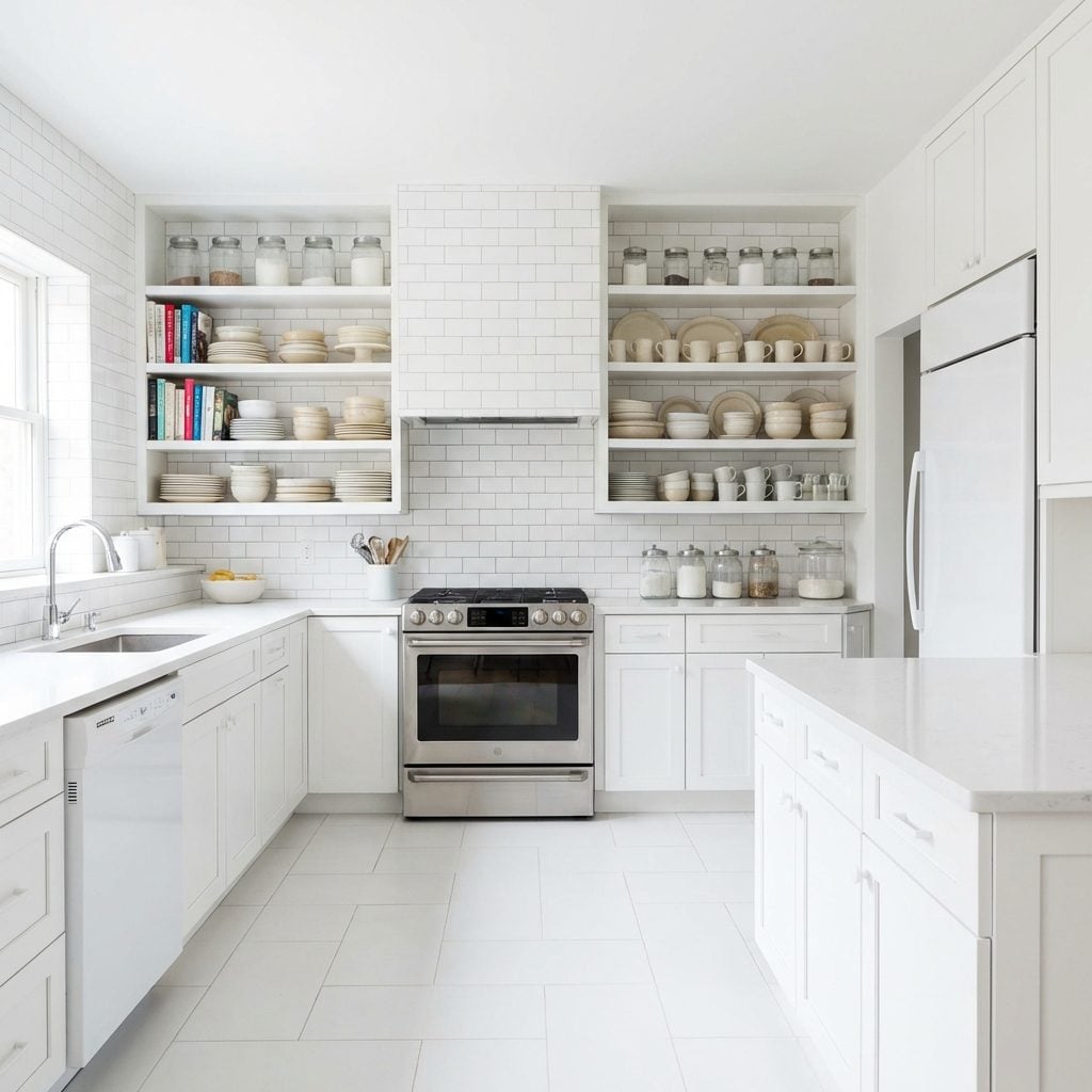 The All-White Kitchen Where Open Shelves Introduce Every Shade of Beige and Bone