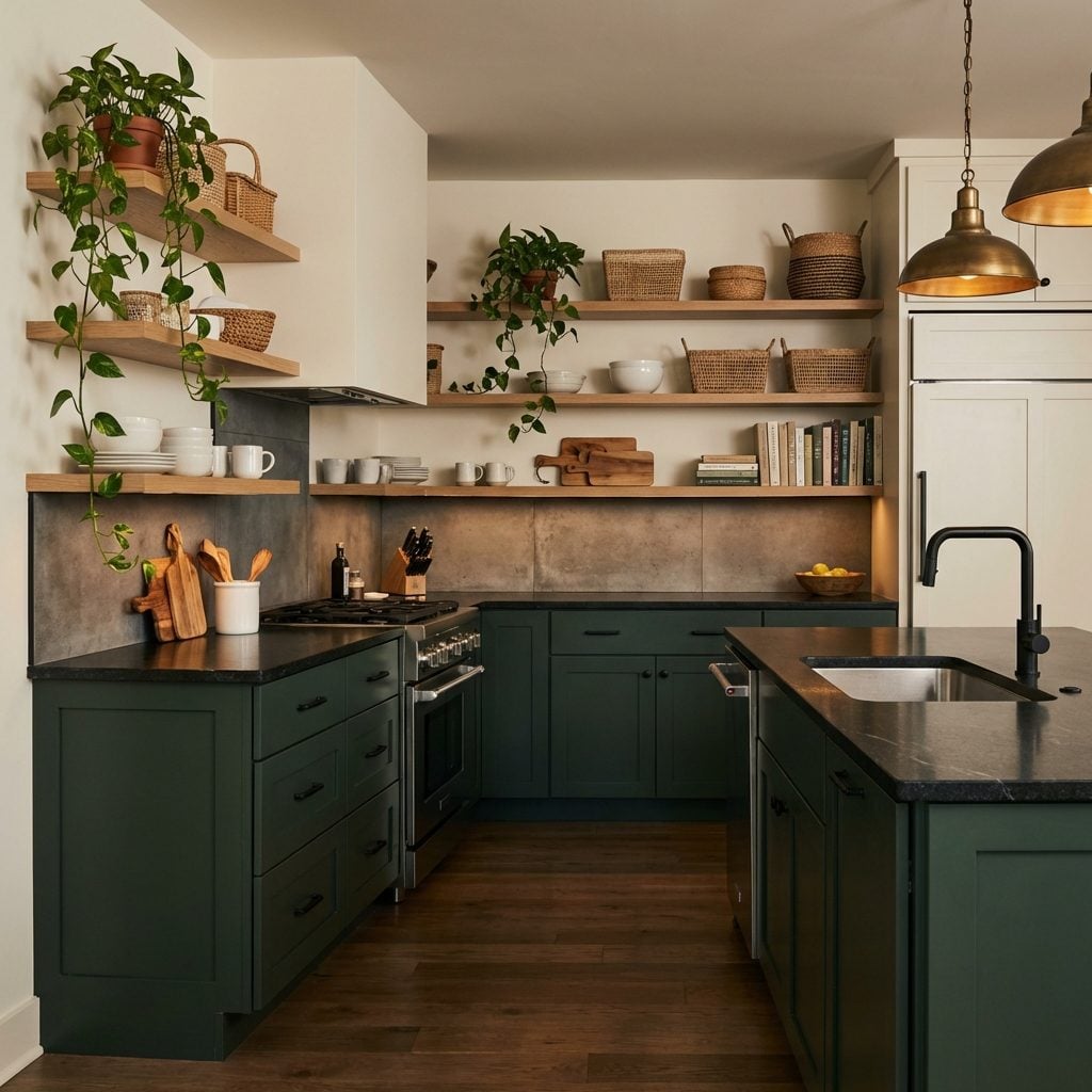 Moody Green Cabinets With Open Shelving That Can't Commit to Either Aesthetic