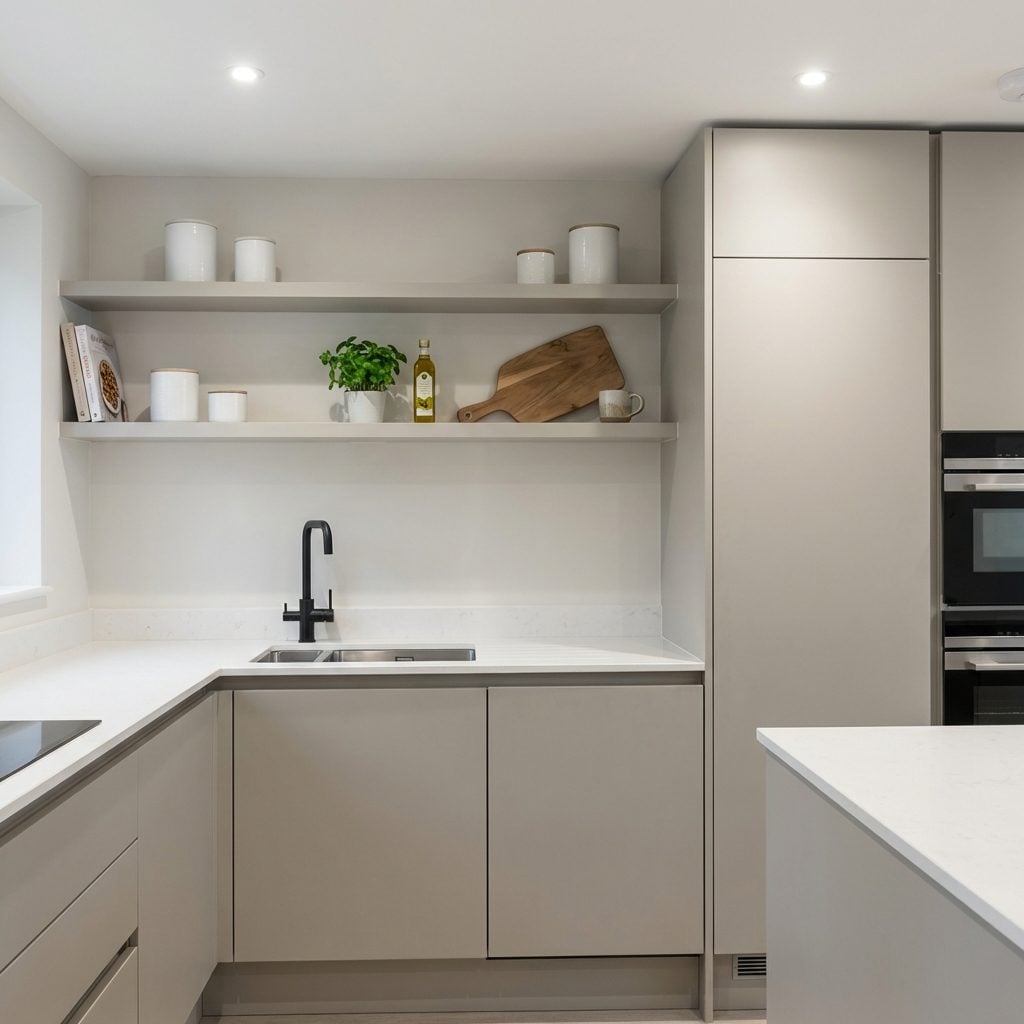 The Greige Minimalist Kitchen Where Open Shelving Accidentally Created Visual Chaos