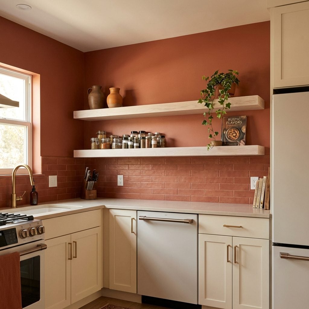 Warm Terracotta Walls Meet Floating Shelves That Can't Decide What They Want to Be