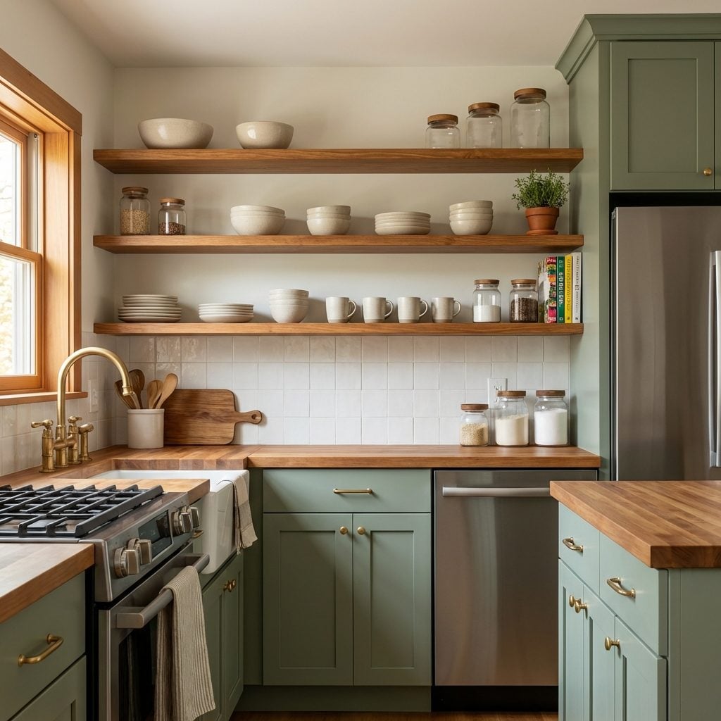A Moody Sage Green Kitchen Undermined by Shelves That Can't Commit to the Mood