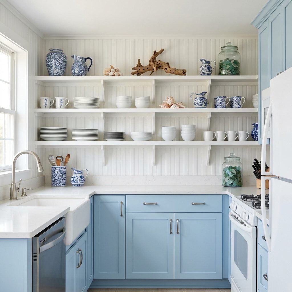 Coastal Blue and White Kitchen With Shelves That Make Maintenance Feel Like a Second Job