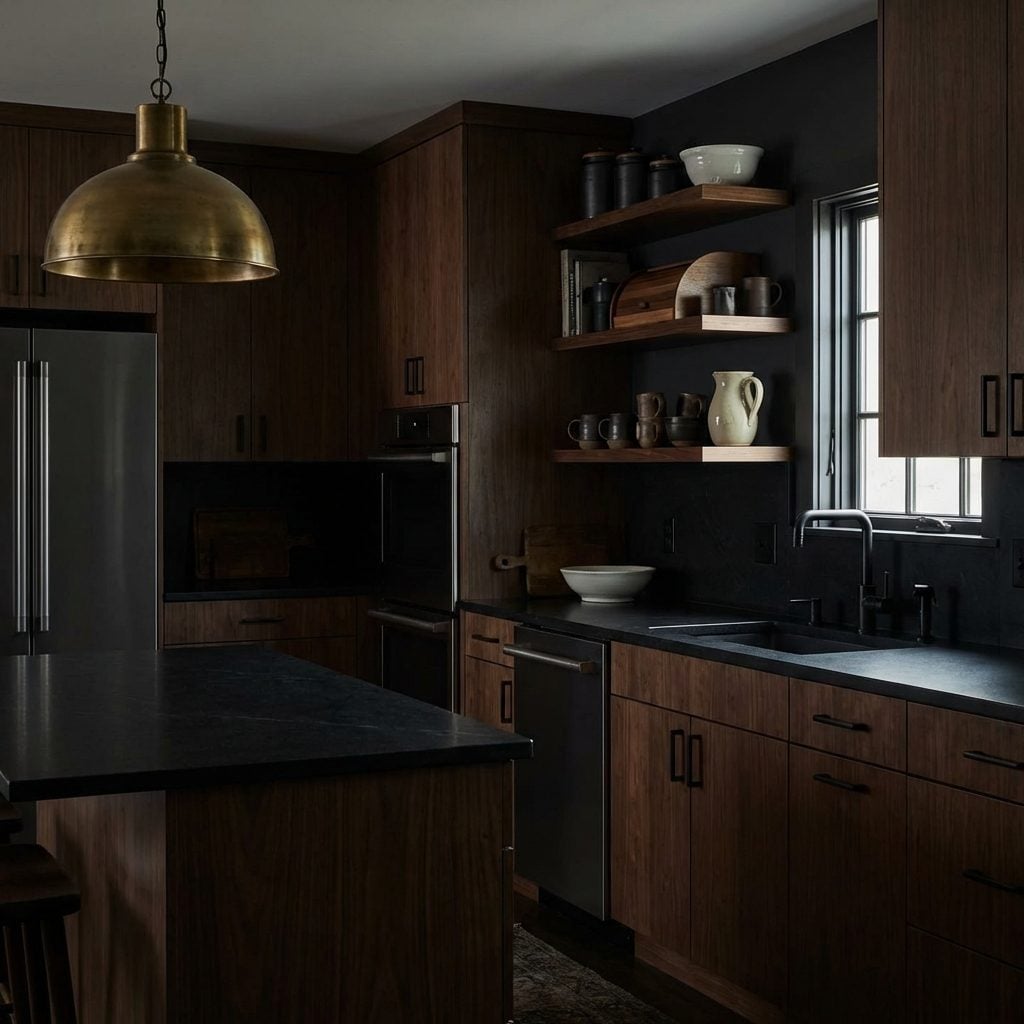 Dark Walnut and Black Kitchen Where Open Shelves Make the Space Feel Smaller